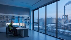 Industrial process control room overlooking a plant, conveying the breadth of CTH instrumentation