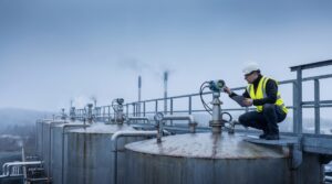 Engineer inspecting level transmitters on industrial storage tanks
